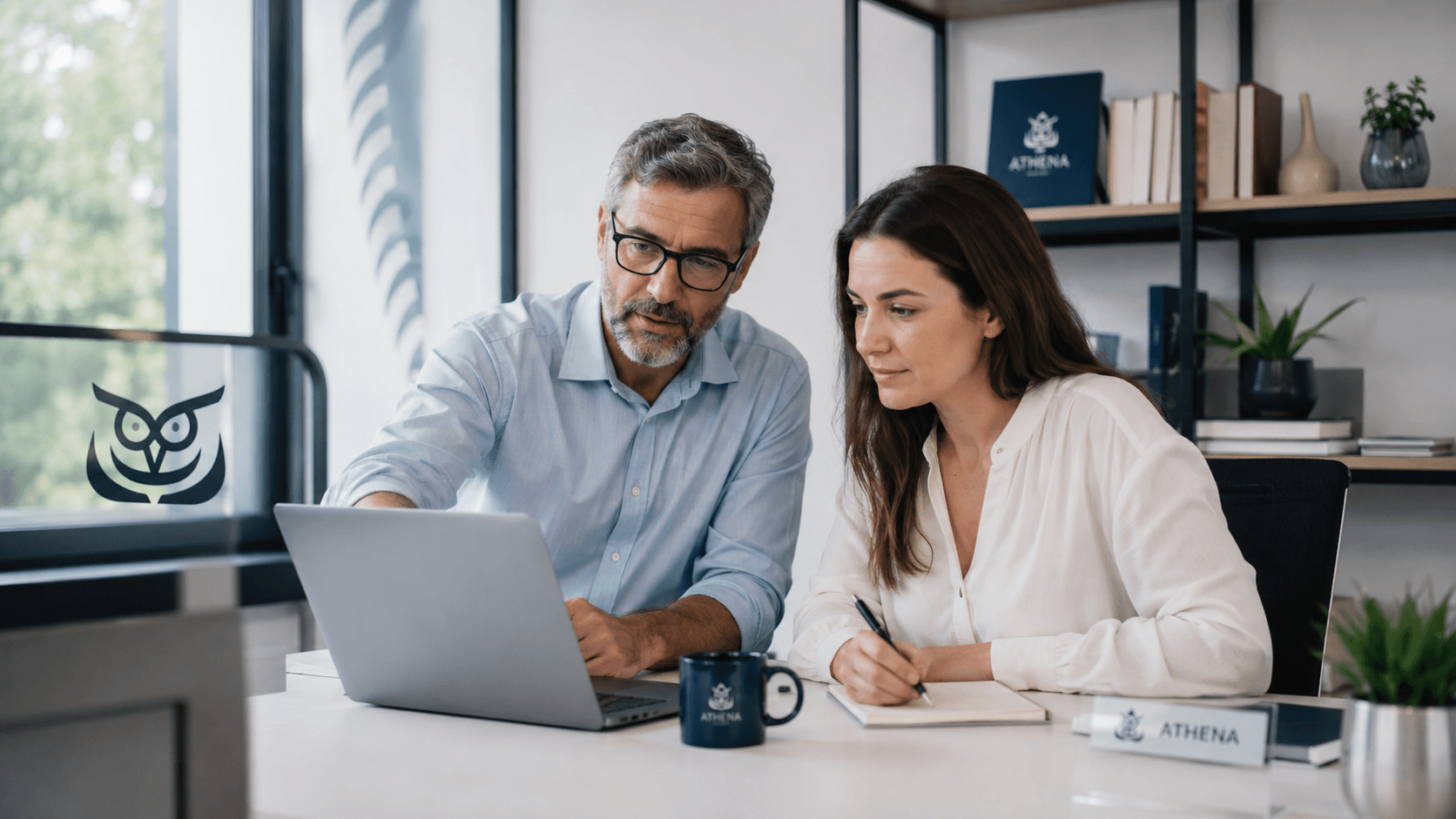Colega sênior orientando outro colaborador da Athena Office